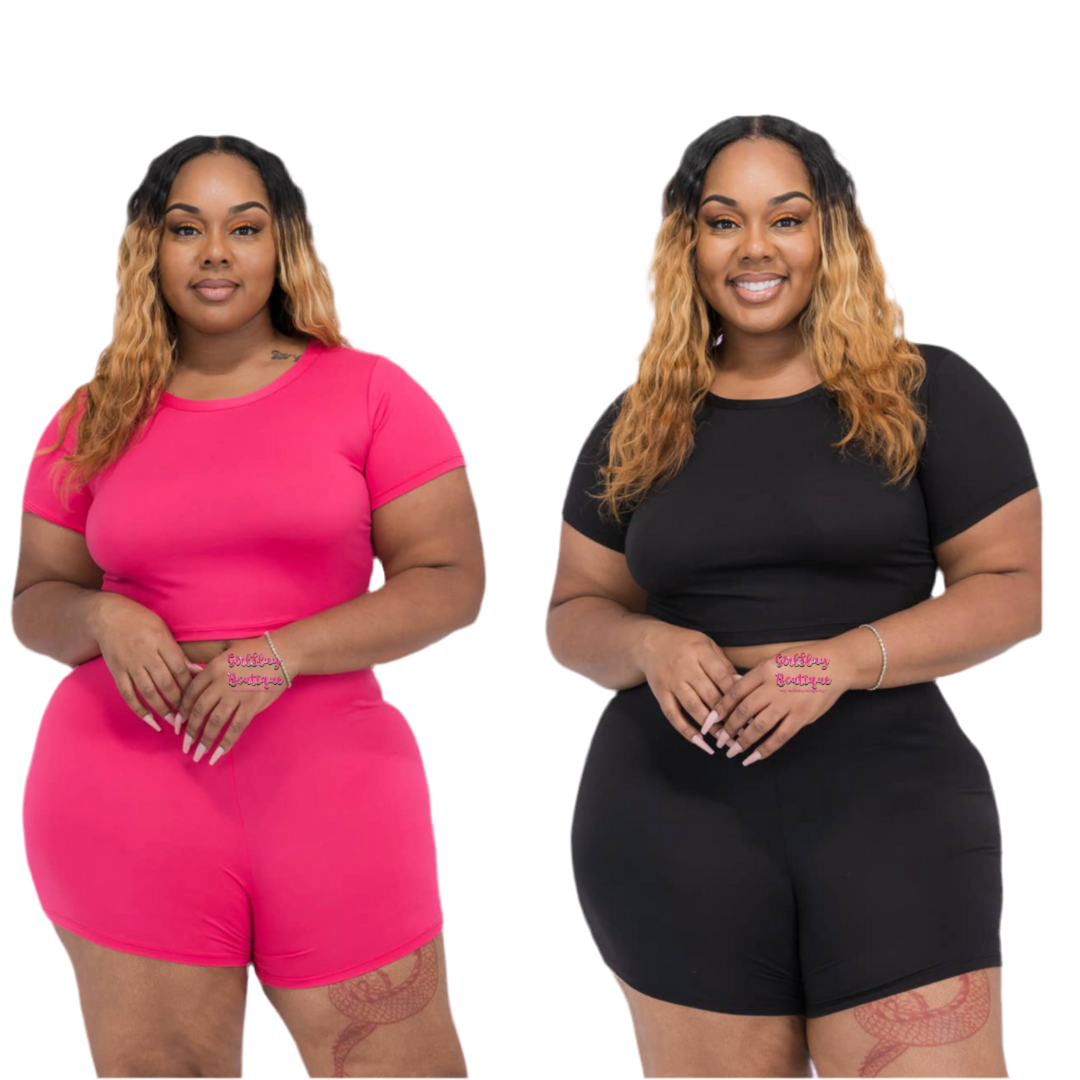 Plus Size Short Sleeve Crop Top & Shorts Set